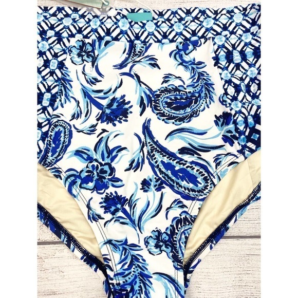NEW COASTAL BLUE Floral Tropical High Waisted Blue & White Bikini Bottom M - Picture 4 of 8